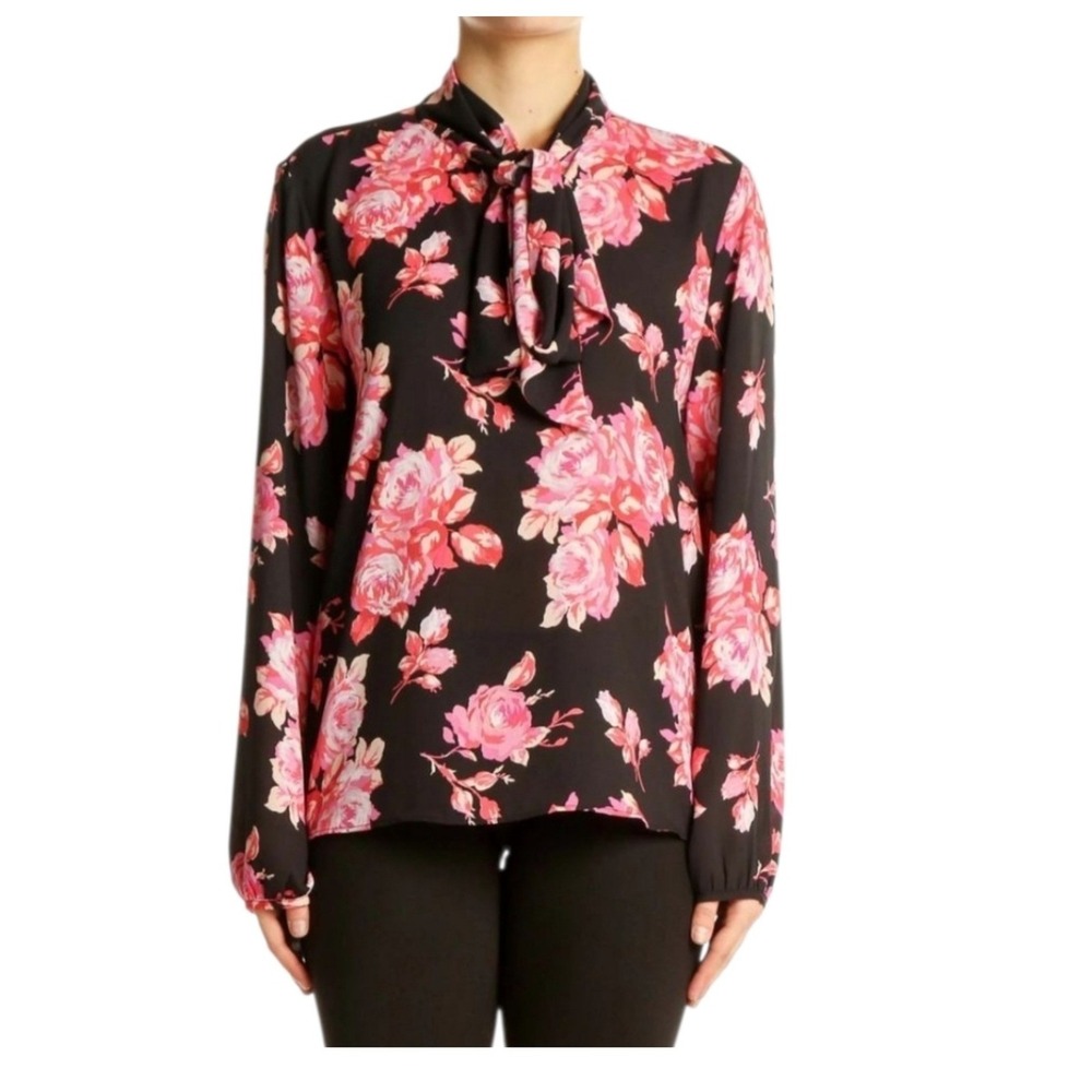 J.Crew Womens Blouse XS Black Rose Bow Neck Long Sleeve Top Fall Romantic Office